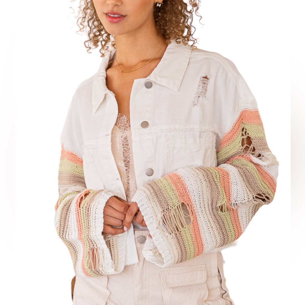 Women’s Ivory Crochet-Trim Denim Jacket - Brand: